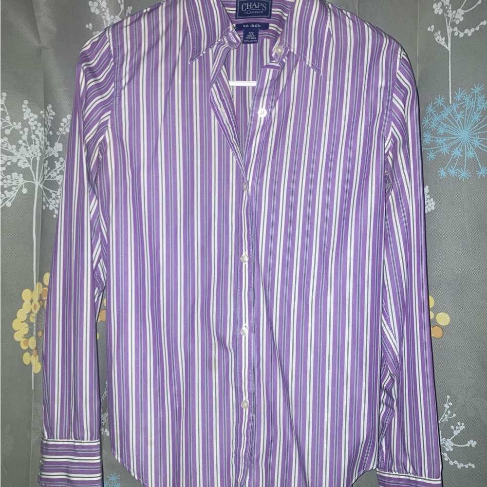Chaps Women's Lavender and White Striped Button Down Shirt